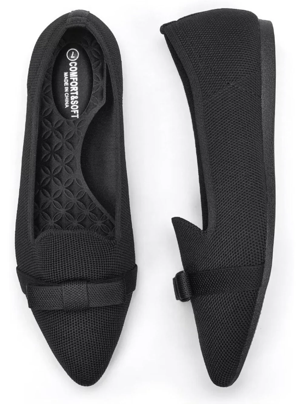 Women's Black Comfortable Knit Casual Pointed Toe Ballet Flats with Bow Shoes